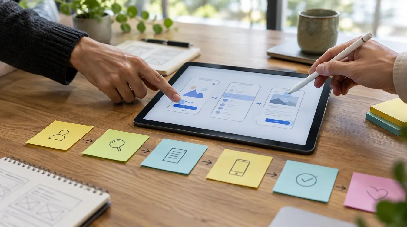 A workshop table with a tablet showing a clickable prototype and a row of sticky notes mapping the user flow