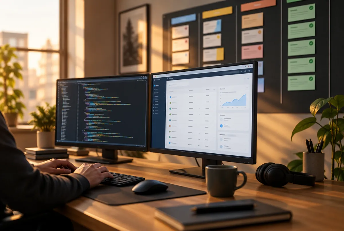 A developer's desk with code on one screen and the working app on another, a kanban board behind