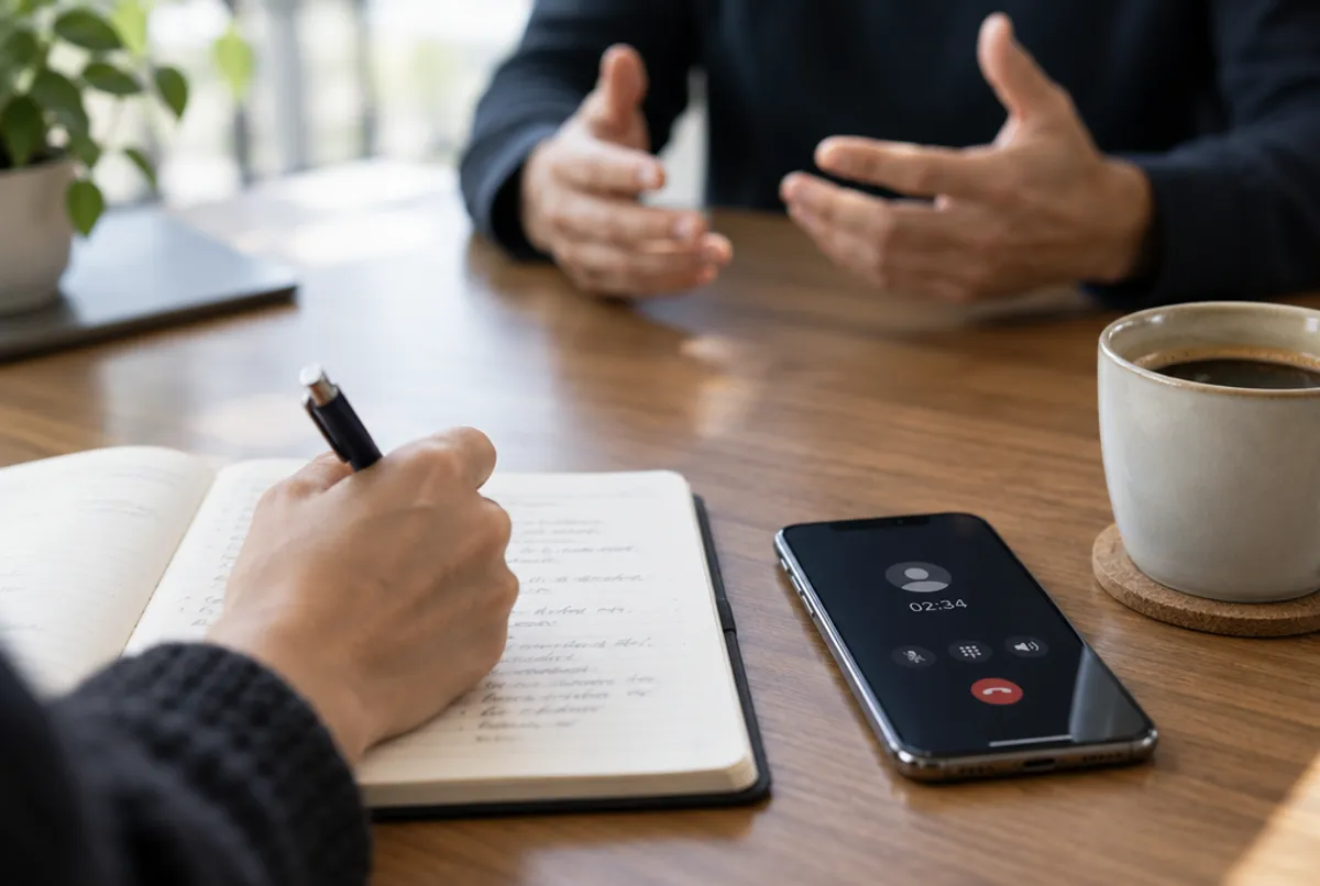 Notes being taken in a notebook beside a phone on an active call