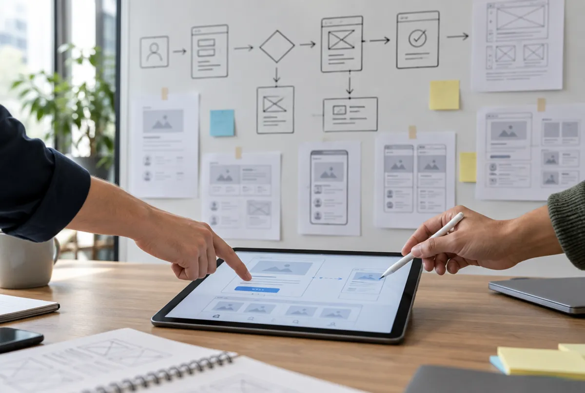 A whiteboard user flow and paper wireframes behind a tablet showing a clickable prototype