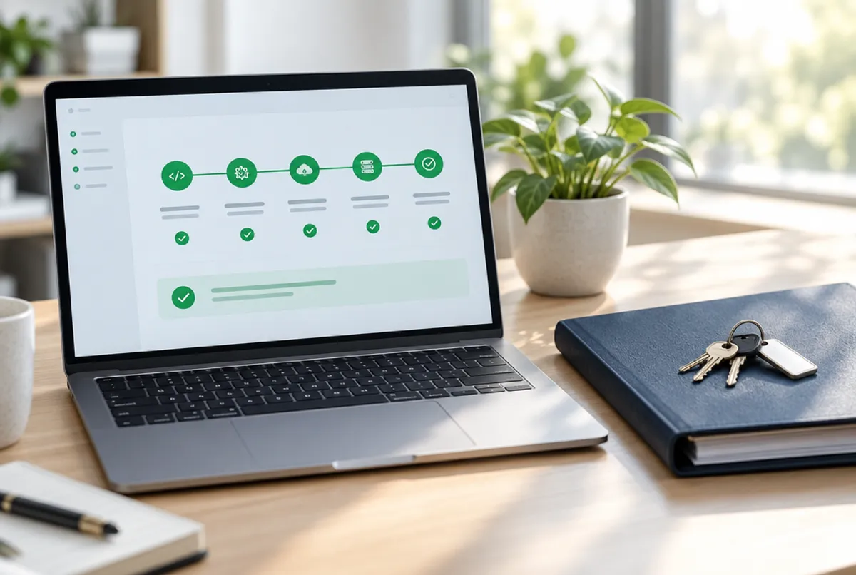 A laptop showing a deployment pipeline with every stage green, beside a handover folder and keys