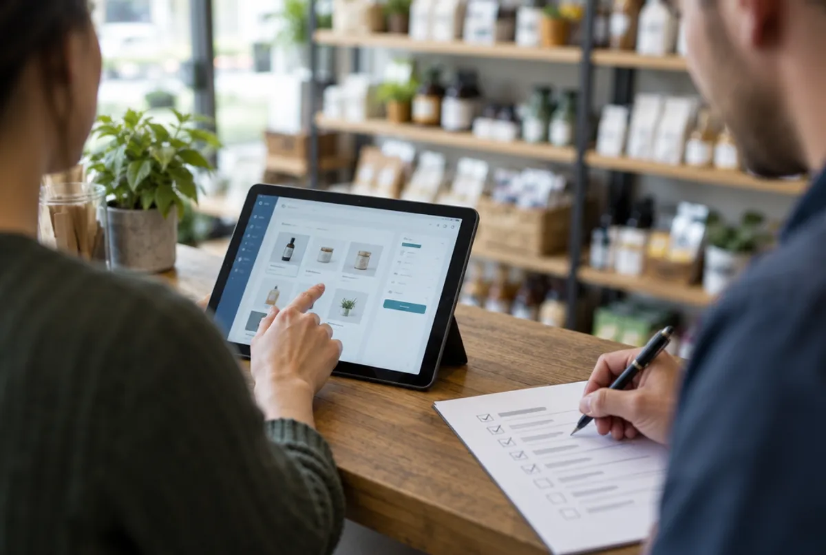 A client's staff member clicking through a new web app on a tablet while a developer ticks a checklist