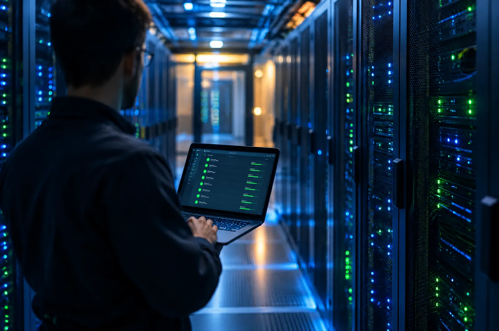 An engineer with a laptop in a data-centre aisle of server racks with status lights