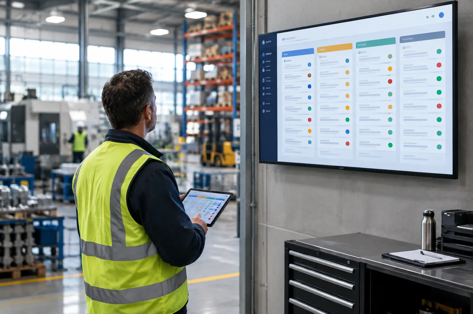 A foreman in a high-visibility vest checking a job-tracking dashboard on a factory office wall screen