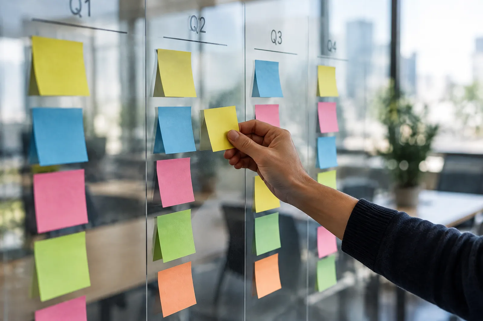 A hand moving a sticky note across a product roadmap of coloured notes on a glass wall