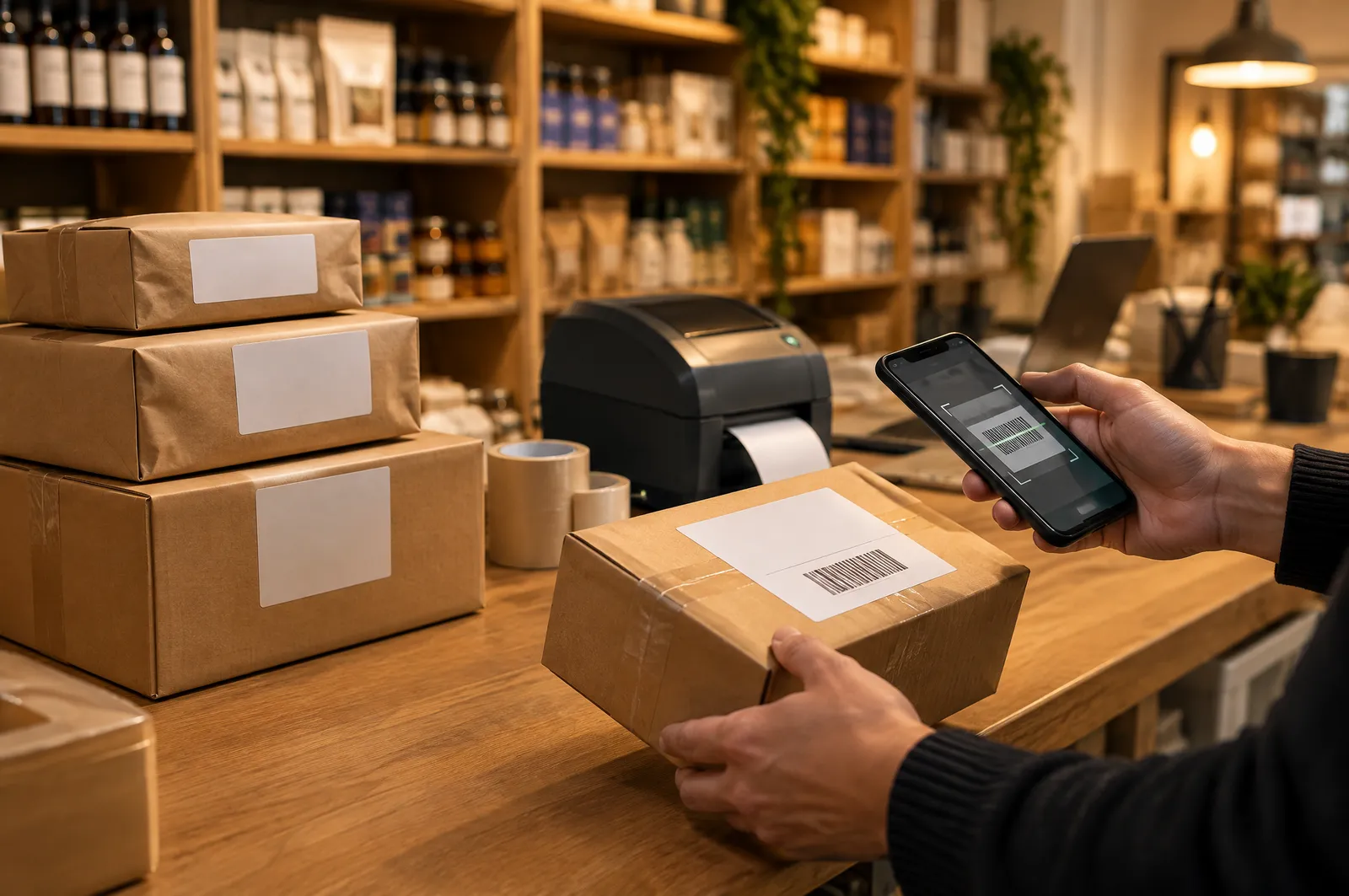 Courier parcels on a stockroom counter with a hand scanning a barcode on a phone beside a label printer