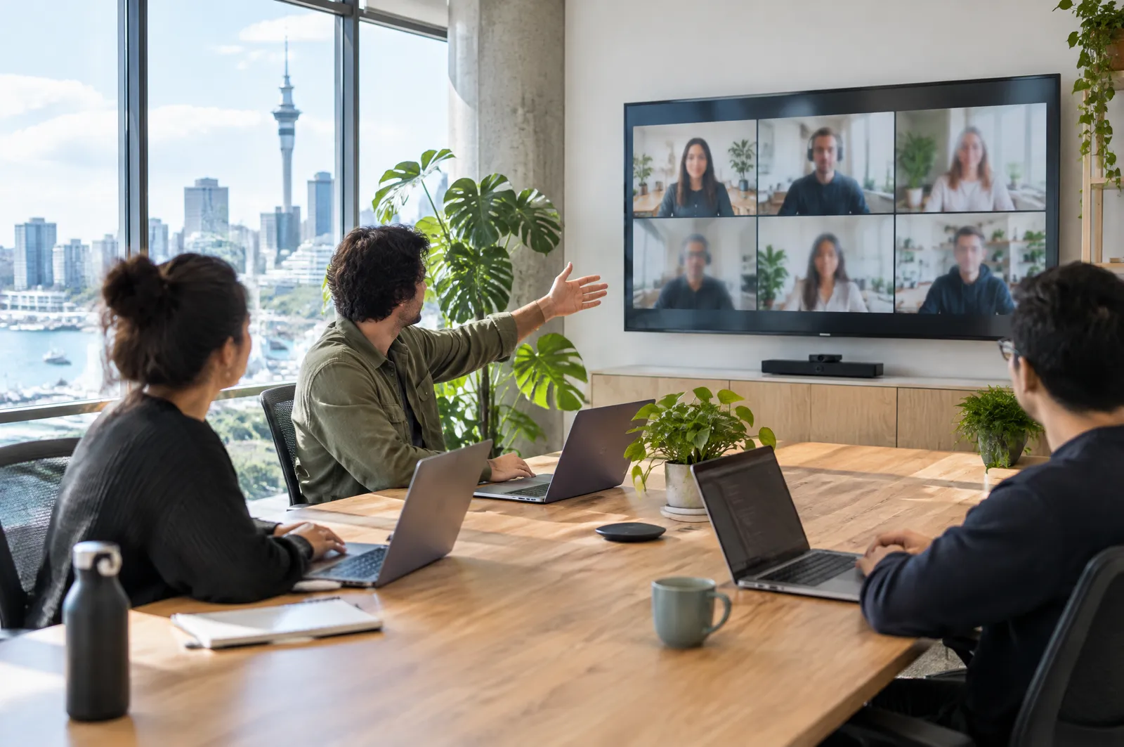 Three developers around a long table in an Auckland office, a wall screen showing remote teammates on a call