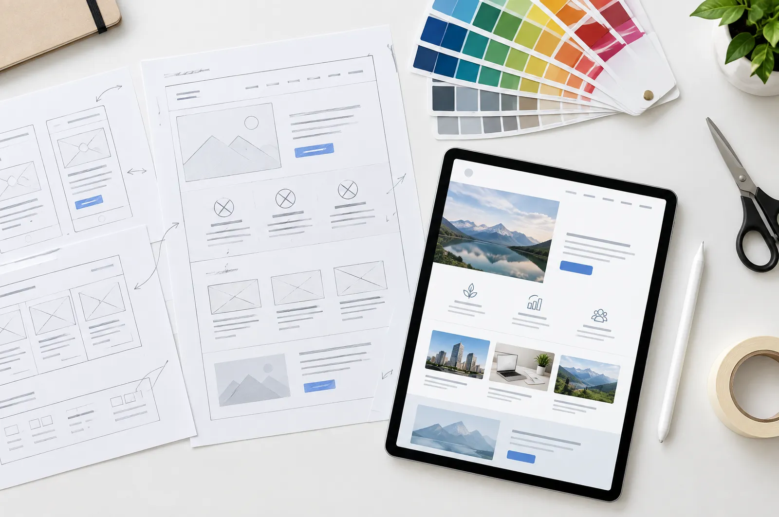 Top-down view of printed website wireframes, colour swatch chips and a tablet showing a homepage layout