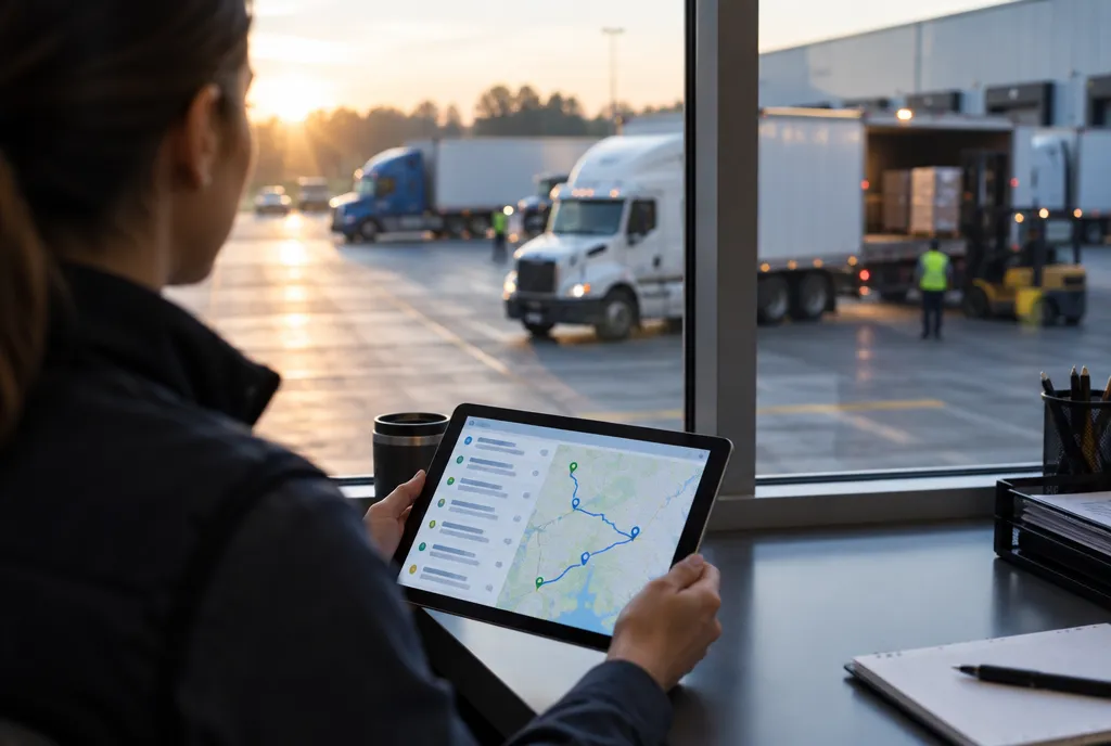 A dispatcher at a transport depot checking a route list on a tablet, trucks behind