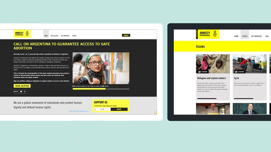 Amnesty International NZ website campaign page and issues page shown on a desktop and a tablet