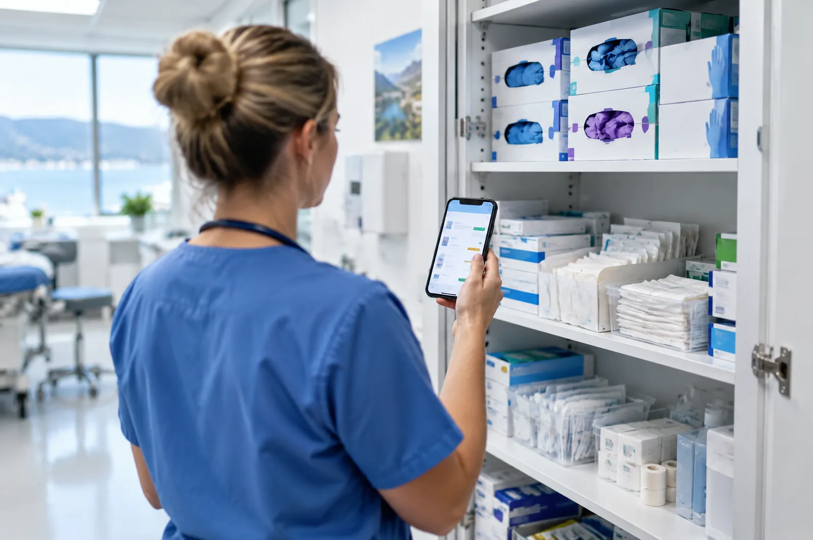A nurse at an open medical supply cabinet checking stock levels on a smartphone