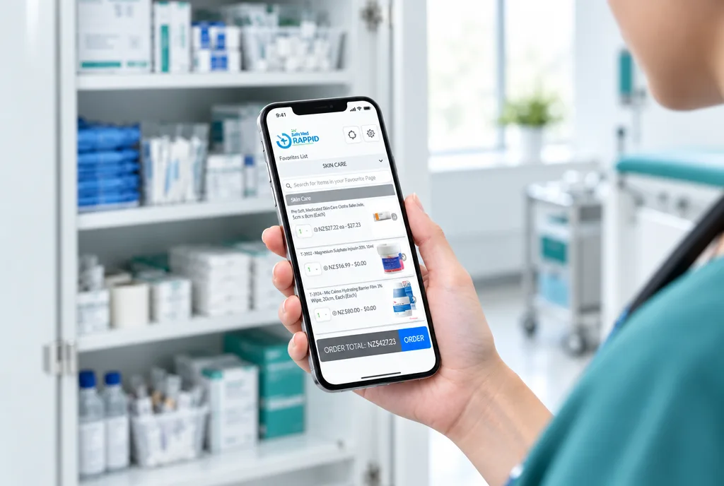 Close-up of the Rappid re-ordering app on a phone held in a medical storeroom, with an order ready to send