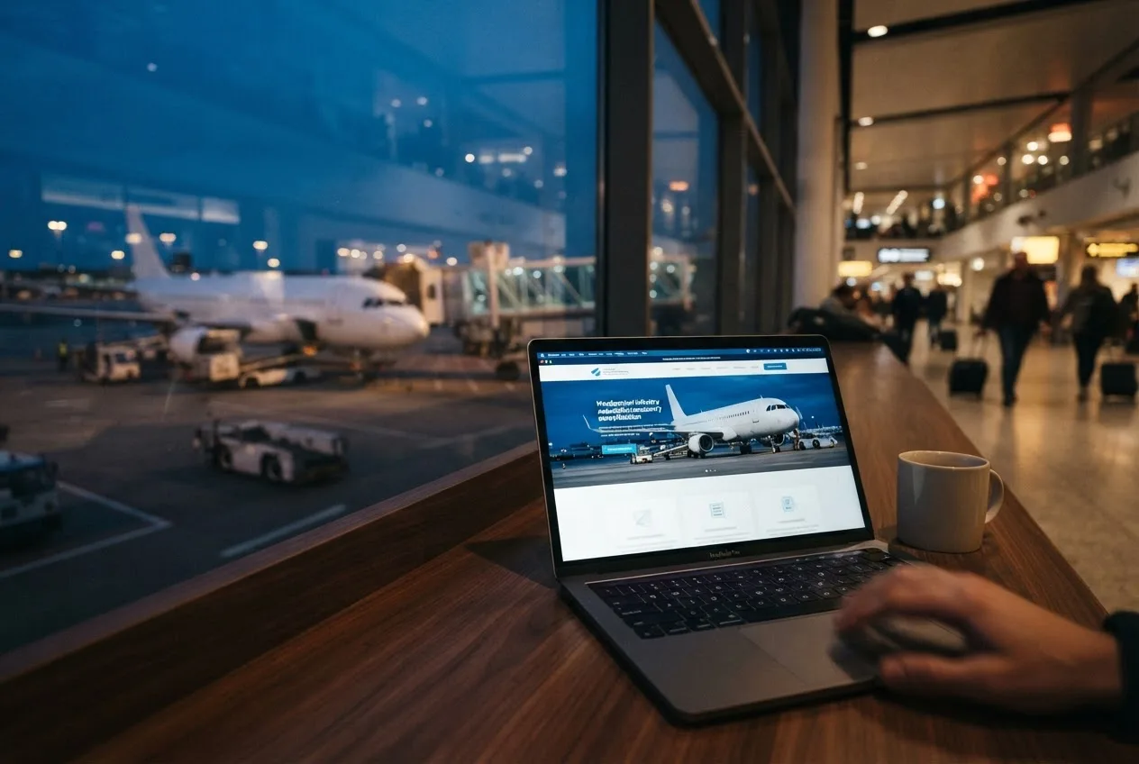 A laptop on an airport counter at dusk with a passenger jet parked at the gate behind the window