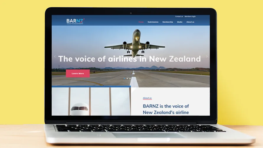 BARNZ website home page with the line The voice of airlines in New Zealand, shown on a laptop
