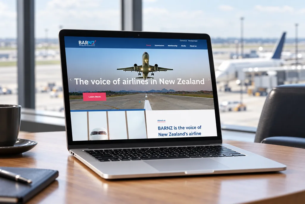 The BARNZ website home page on a laptop in an airport lounge, the runway behind