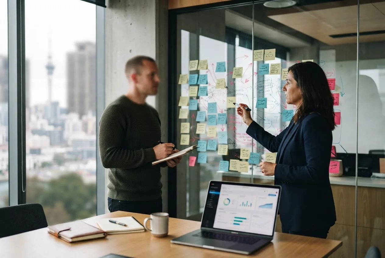 A business coach and a client at a whiteboard covered in strategy sticky notes, a laptop with a dashboard on the table