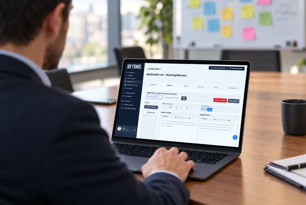Over-the-shoulder view of the Beyond strategy platform meeting-minutes screen on a laptop in a meeting room