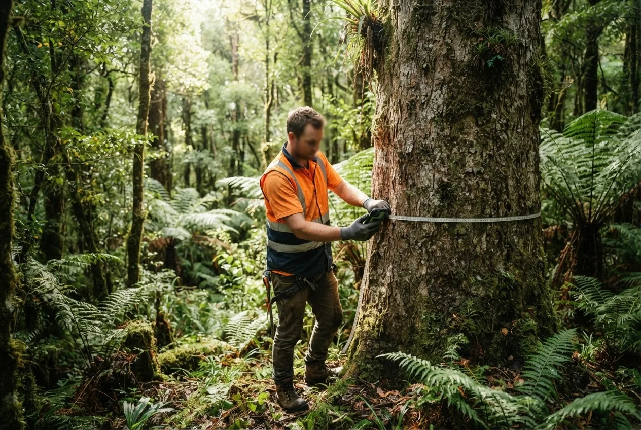An arborist in a high-visibility vest measuring a large tree trunk with a diameter tape in native New Zealand forest