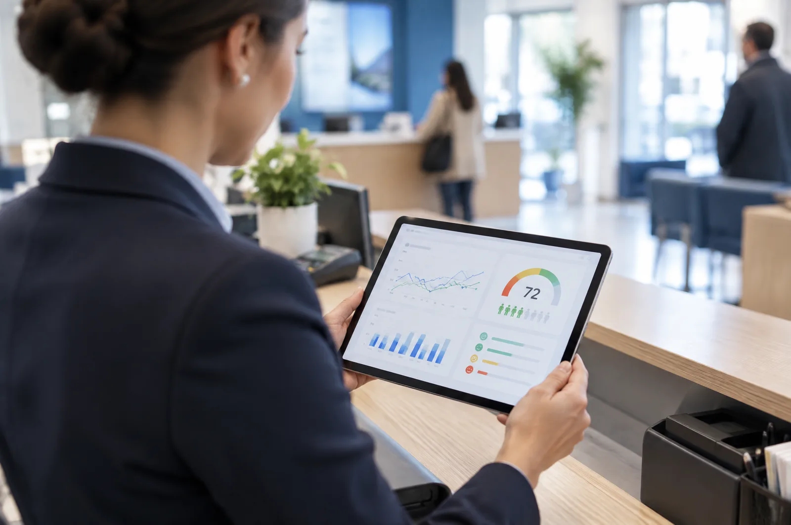 A branch manager behind a counter reading a customer-feedback dashboard with charts and a score gauge on a tablet