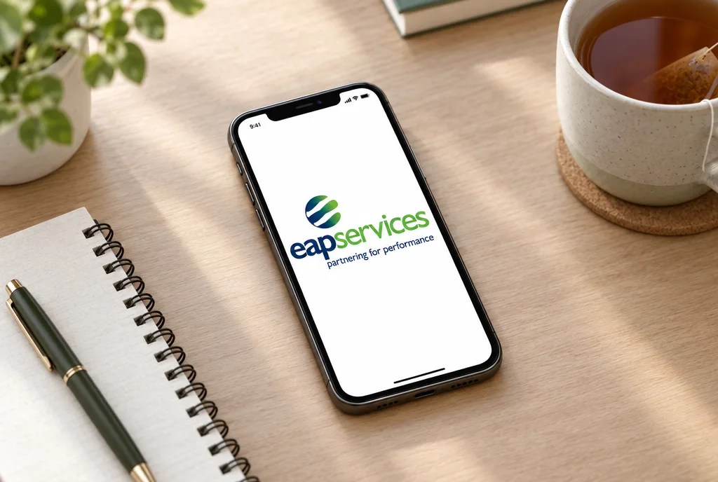 A phone on a desk beside a notebook and a cup of tea, showing the EAP Services app welcome screen
