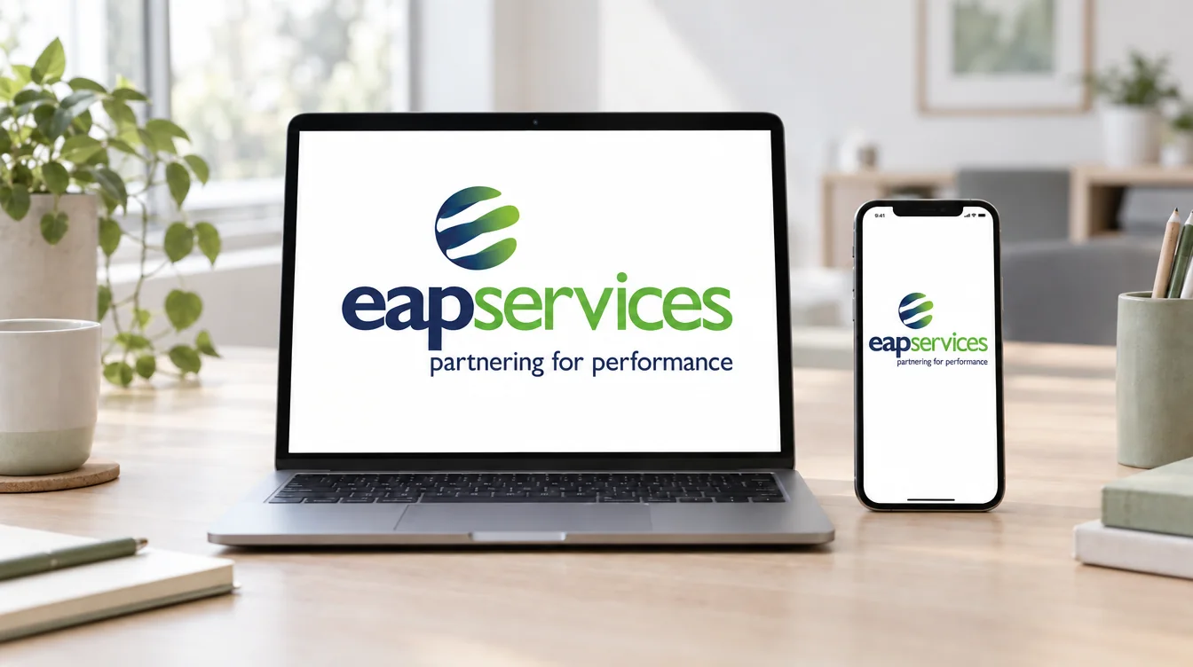 Laptop and phone on a desk both showing the EAP Services brand screen