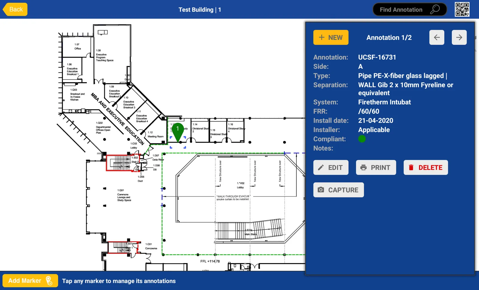 Fire Report on a tablet: a numbered marker on the plan with its annotation panel open, showing type, separation, system, fire resistance rating and a green compliant light