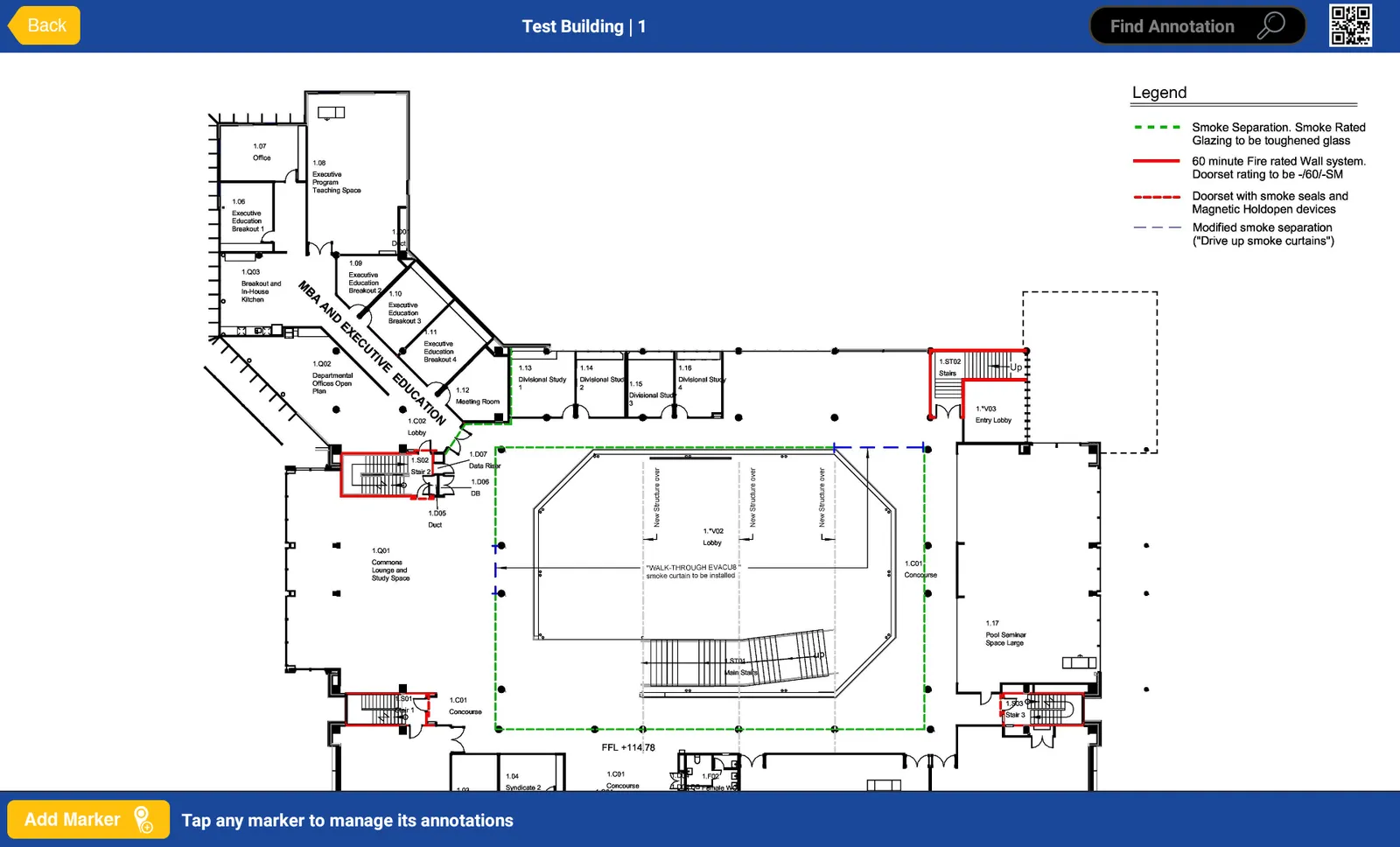 Fire Report on a tablet: a building plan with fire-rated walls and smoke separations marked, and the legend explaining them