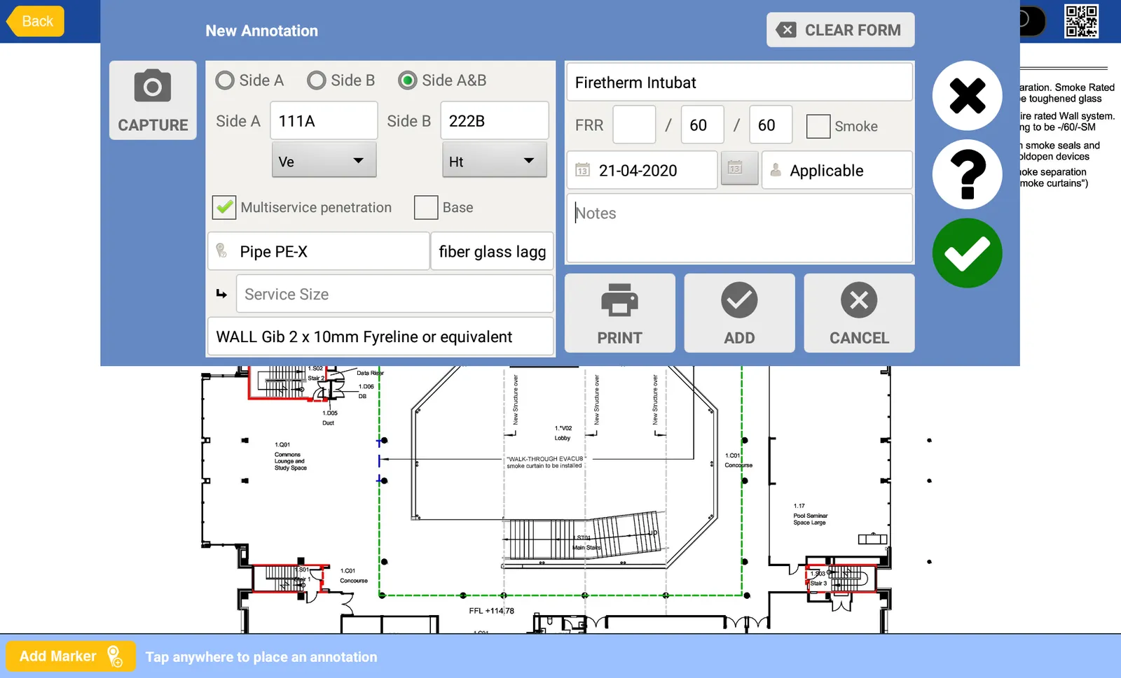 The Fire Report new-annotation form on a tablet, with side, service, separation, system, fire resistance rating and install date fields and a capture button for photos
