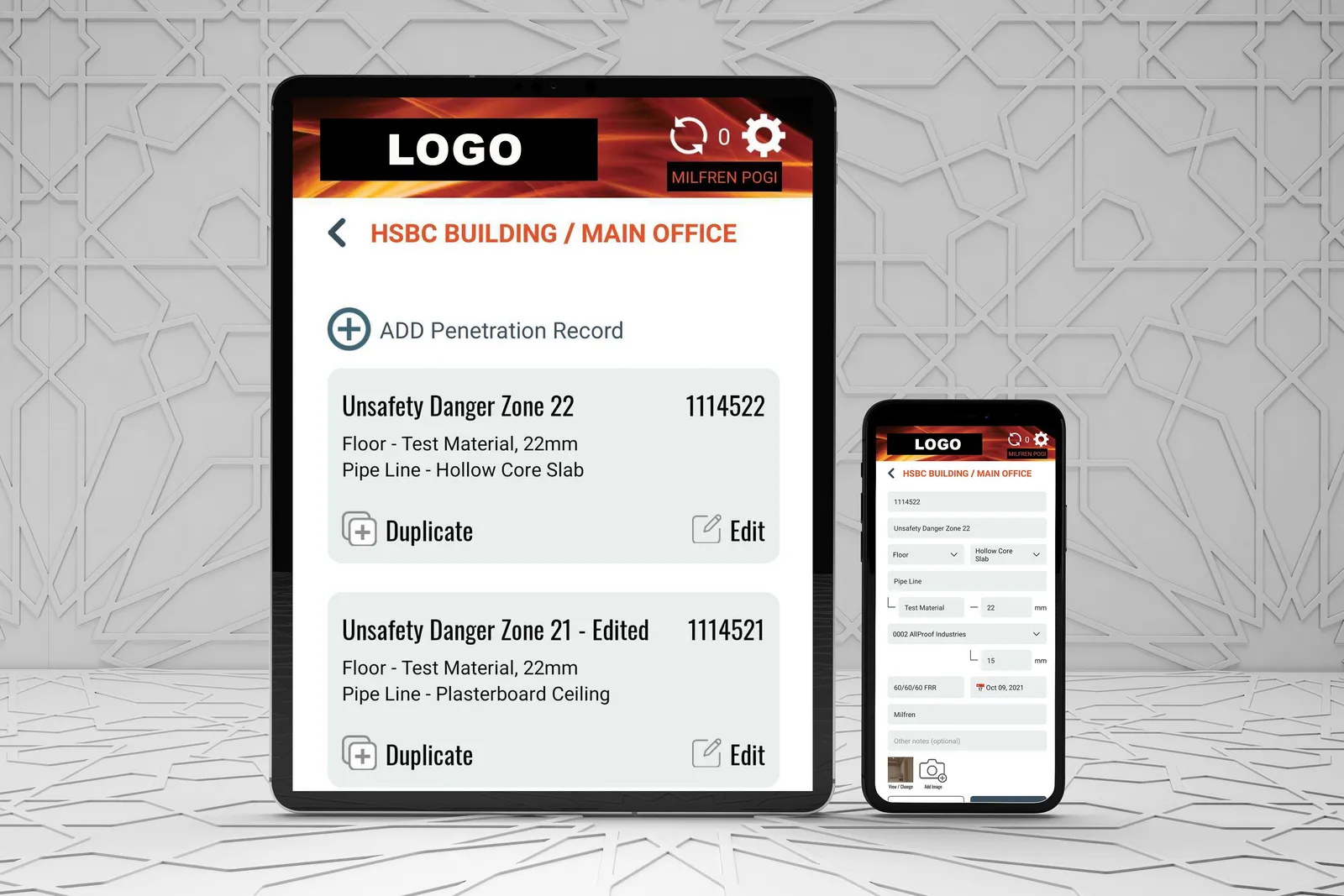 The Fire Report penetration records screen on a tablet and a phone, listing records for a building with duplicate and edit actions