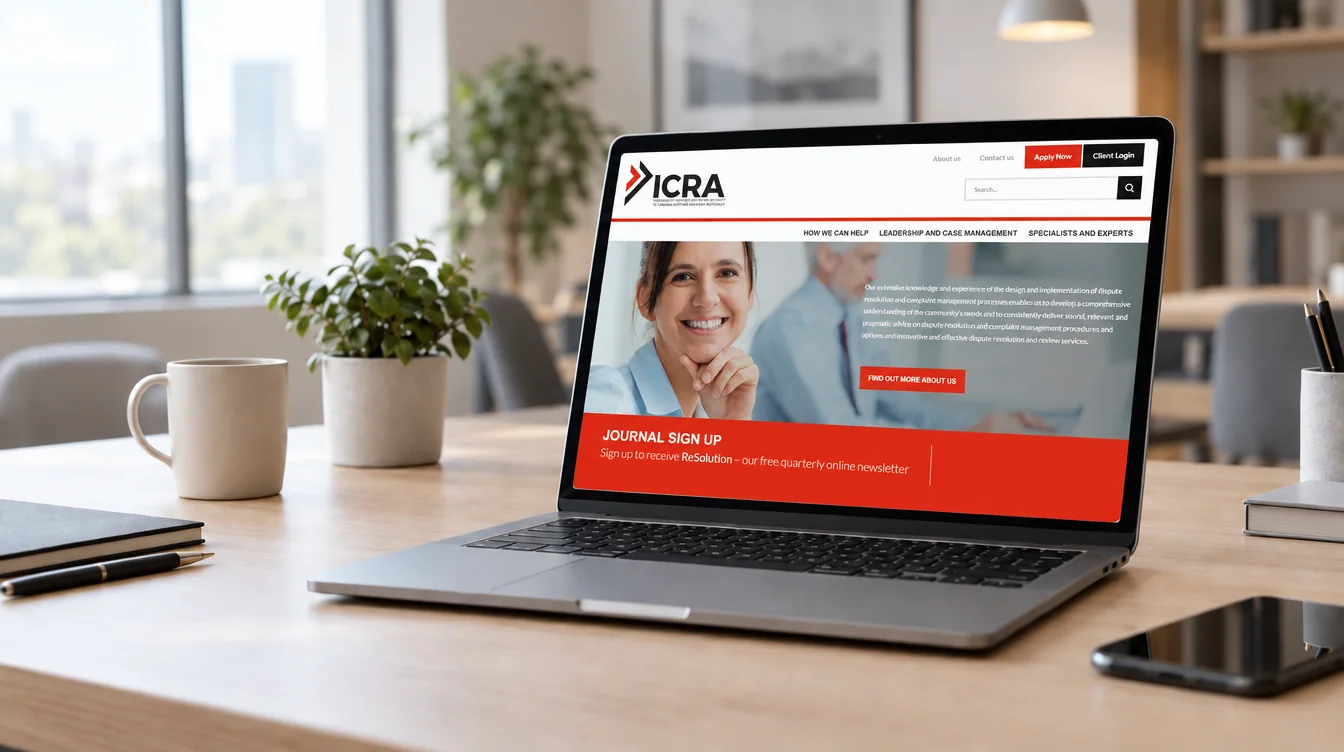 Laptop in an office showing the ICRA dispute resolution website home page