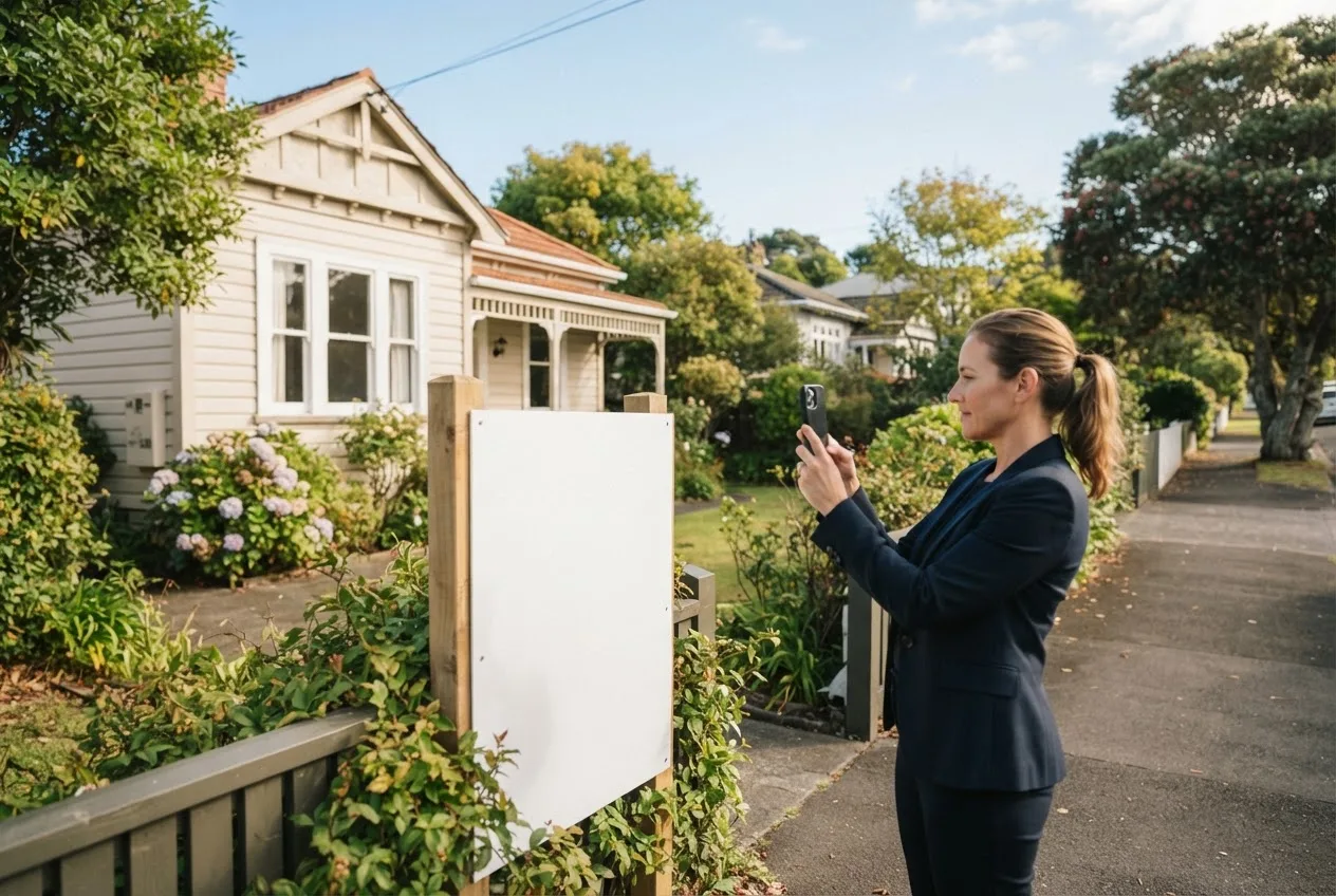 A real-estate agent photographing a newly listed weatherboard house with a smartphone, a blank signboard at the fence