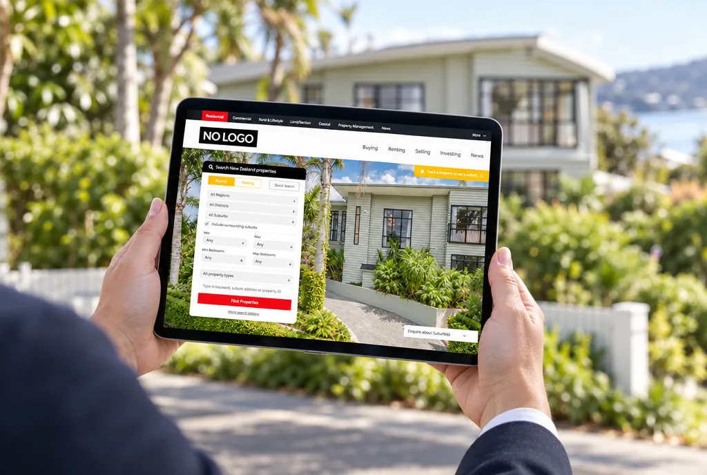 An agent holding a tablet showing an LJ Hooker office website in front of a listed house