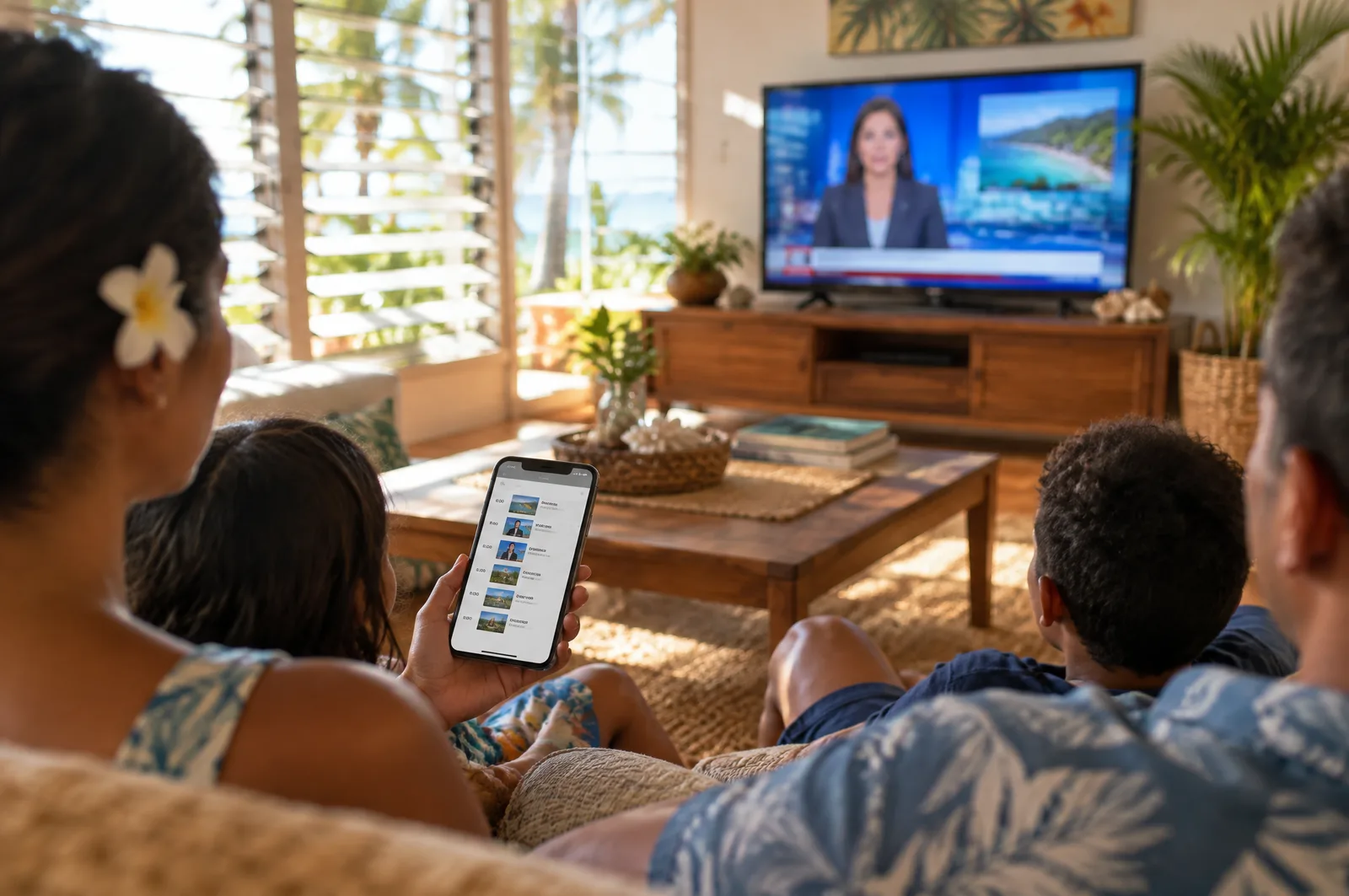 A family in a bright island living room watching television, one person checking a schedule on a phone