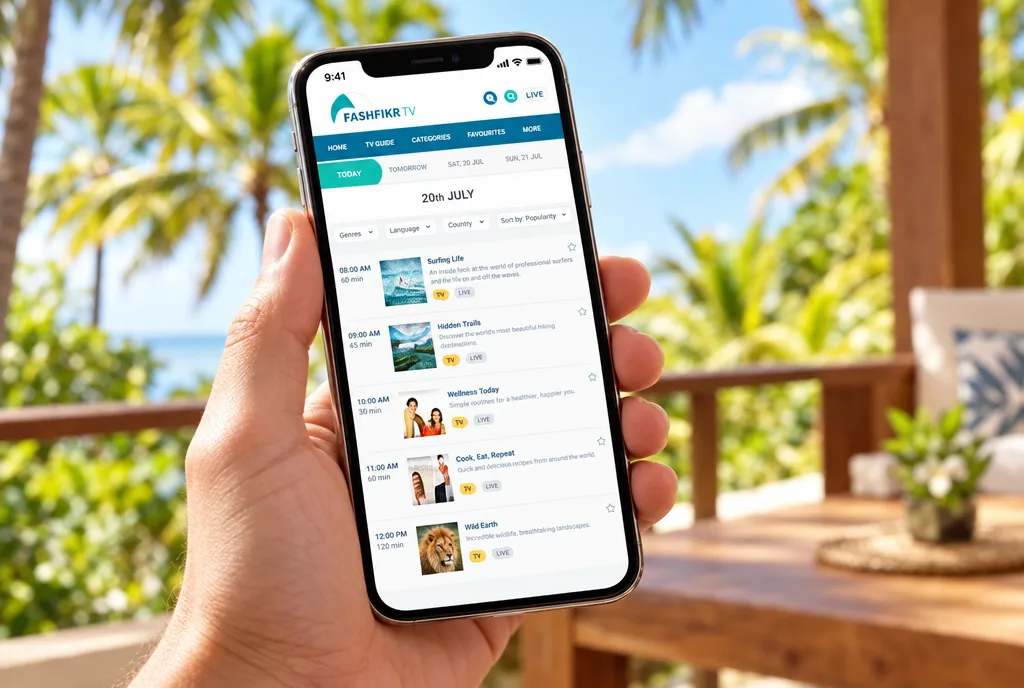 Close-up of the PasifikaTV schedule app on a phone held on a tropical verandah