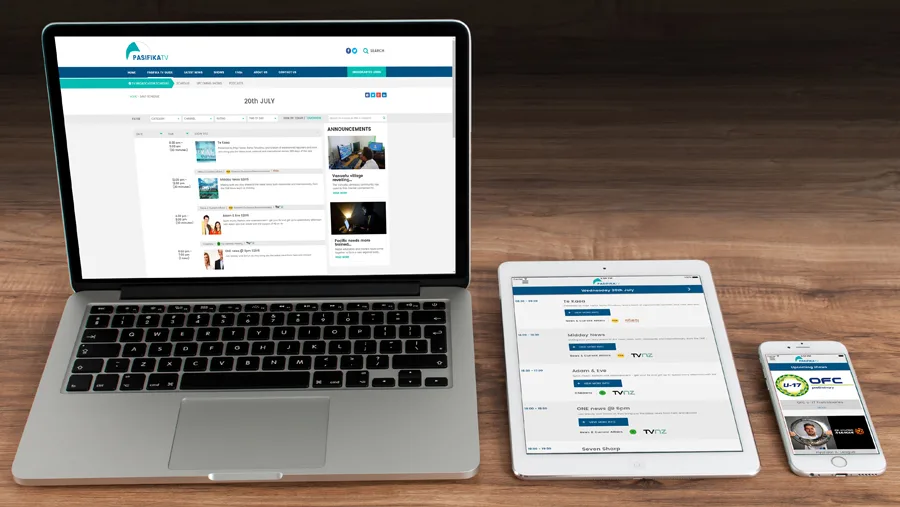PasifikaTV schedule website on a laptop beside the schedule app on a tablet and a phone