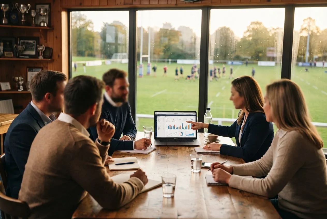 A sports club board around a table in a clubroom overlooking a playing field, evaluation results on a laptop