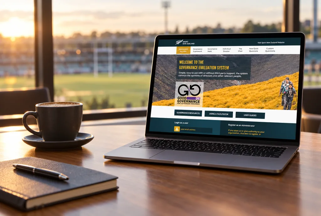 The Sport New Zealand Governance Evaluation System welcome page on a laptop in a clubroom at sunset