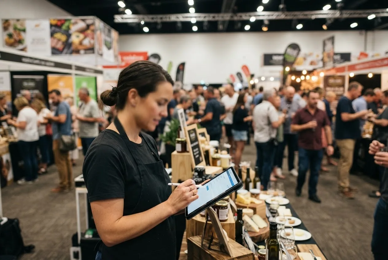 An exhibitor at a food show stand updating their listing on a tablet, crowds of visitors behind