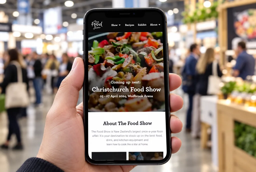 The Food Show website home page on a phone held in a busy exhibition hall
