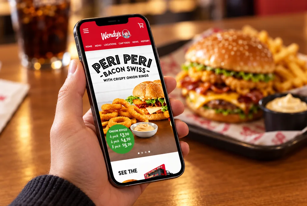 Close-up of the Wendy's Hamburgers mobile website on a phone held at a restaurant table, a burger tray behind