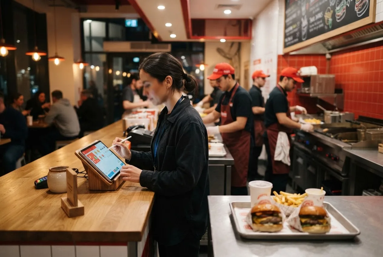 A marketing manager at a burger restaurant counter updating a menu promotion on a tablet while staff work behind